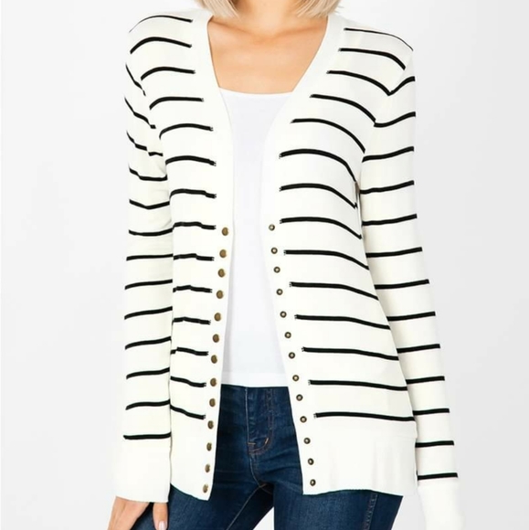 Zenana Outfitters Sweaters - Ivory and black stripes snap front cardigan